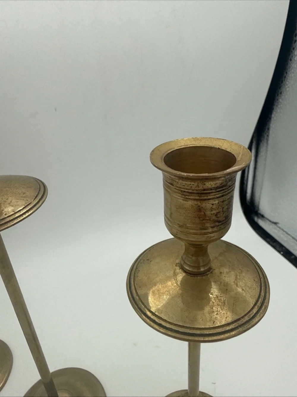 3 VTG Brass graduated MCM Taper Candle Holders Patina 10”, 9”, 8” minimalist